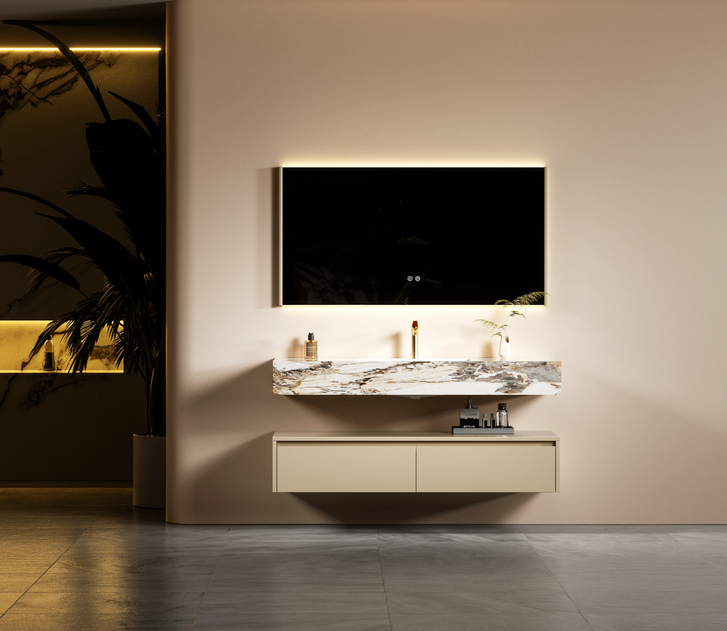 Bathroom vanity finish and countertop detail available to review with our team