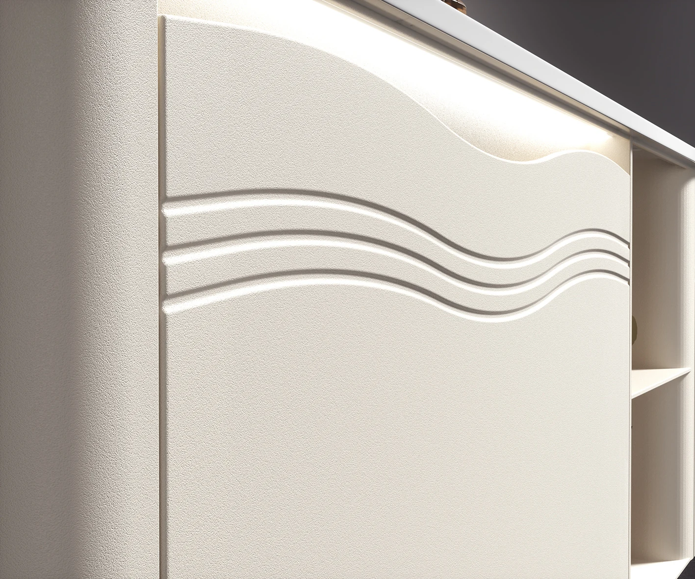 Stone countertop surface and coordinated cabinetry detail