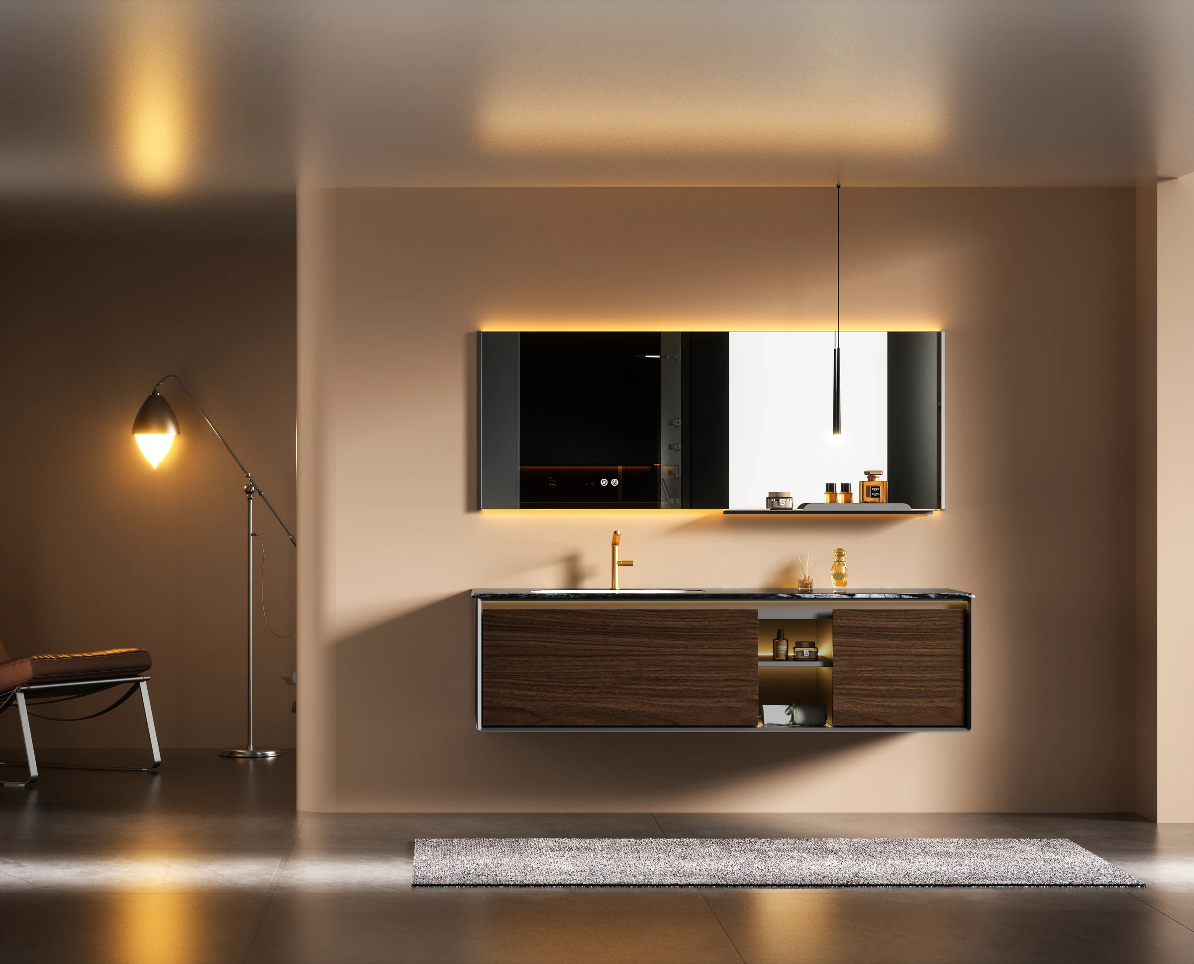 Petraline Model 105 wood-look finish vanity with seamless stone basin
