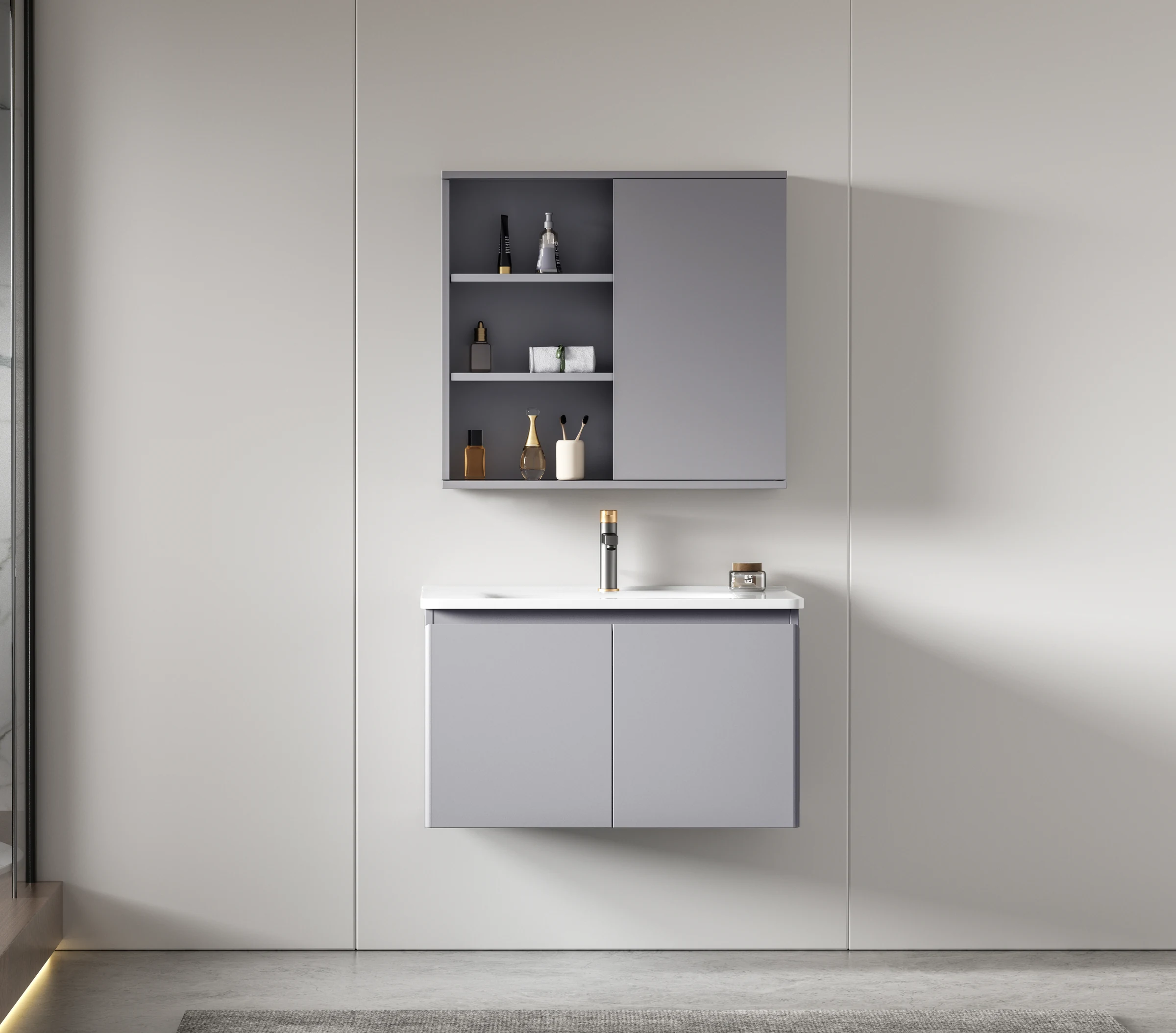 Petraline Model 629 two-door vanity with integrated ceramic basin