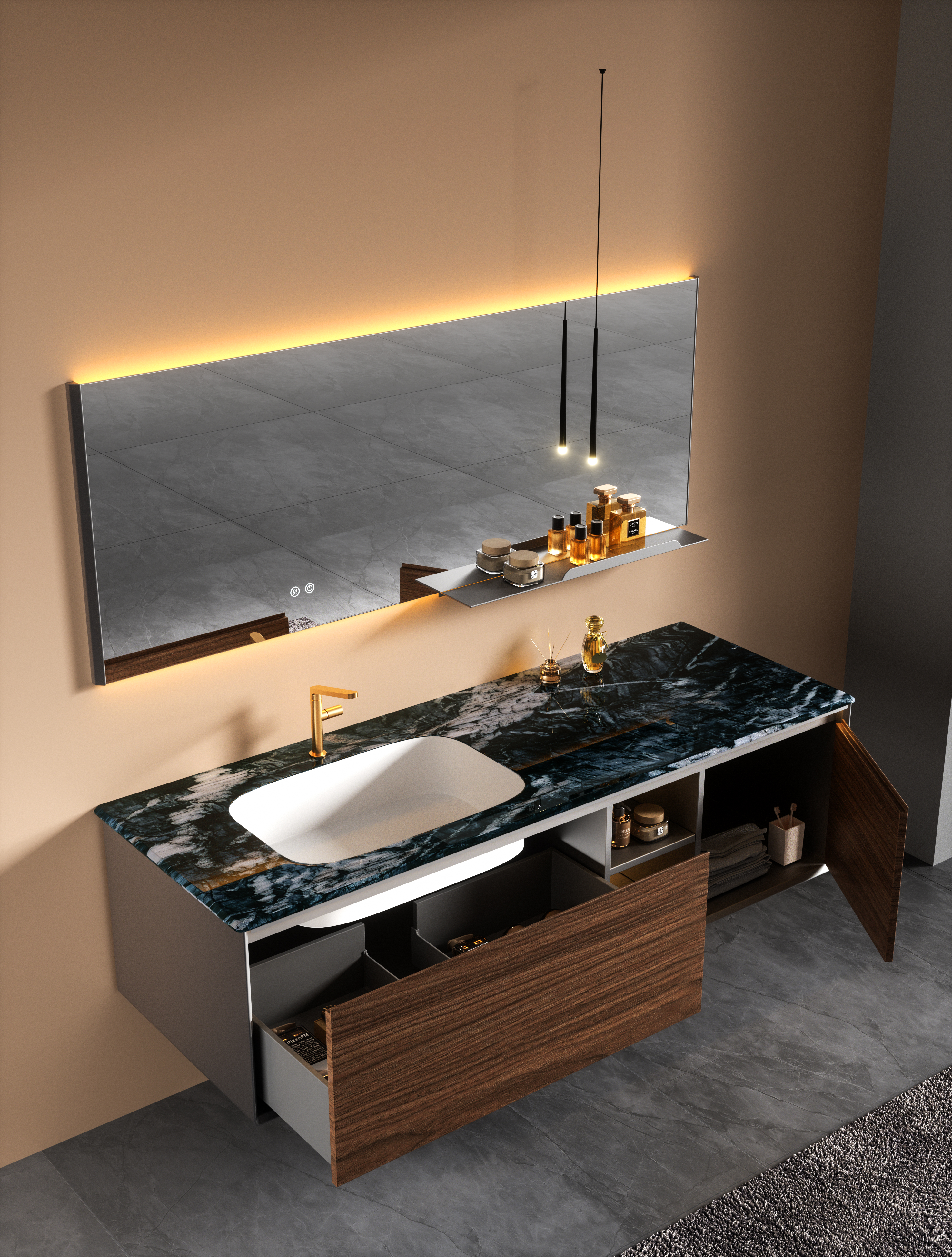 Close view of a seamless stone basin and coordinated countertop