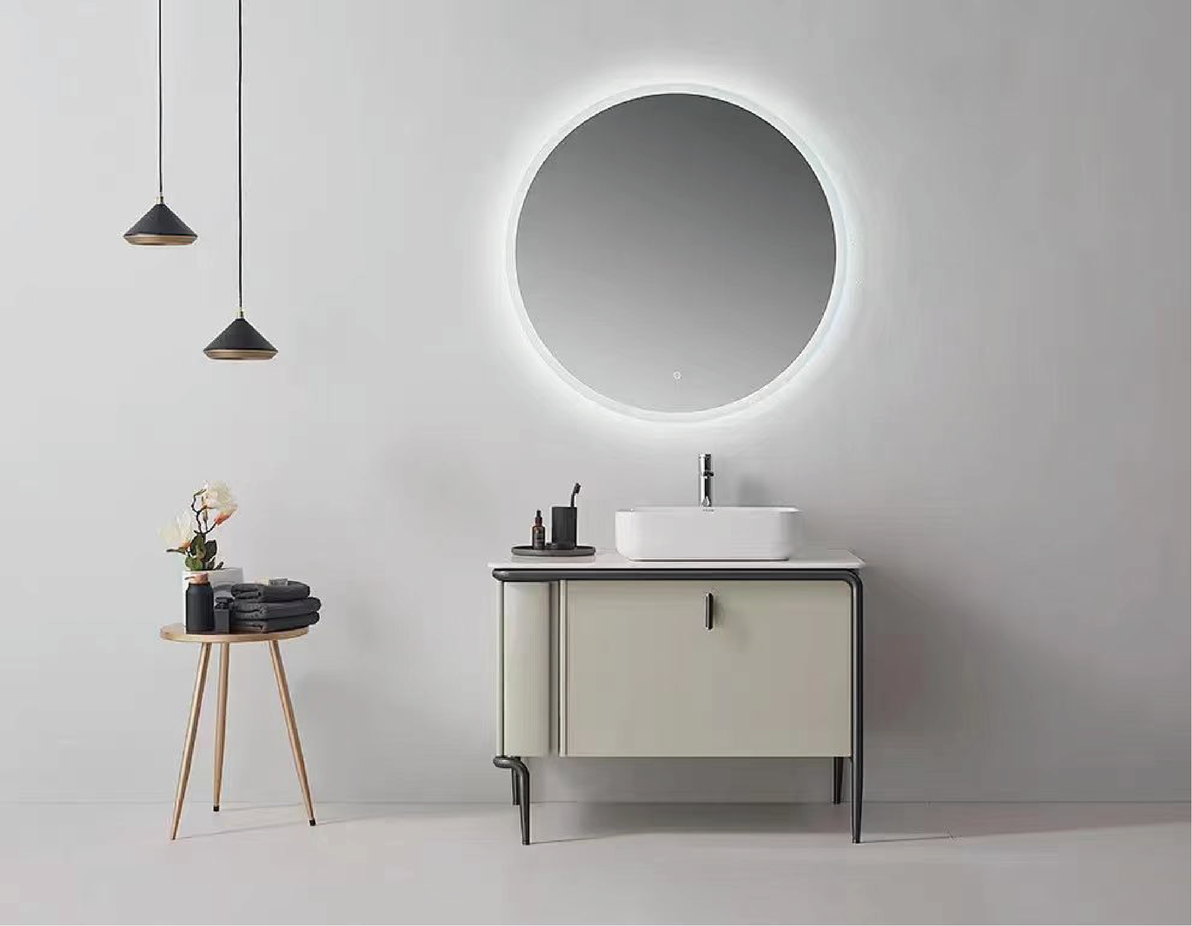 Modern wood vanity option with countertop basin and illuminated round mirror